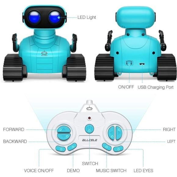 Rechargeable RC Robots for Kids, Remote Control Toy with Music & LED Eyes- Blue - Picture 5 of 6
